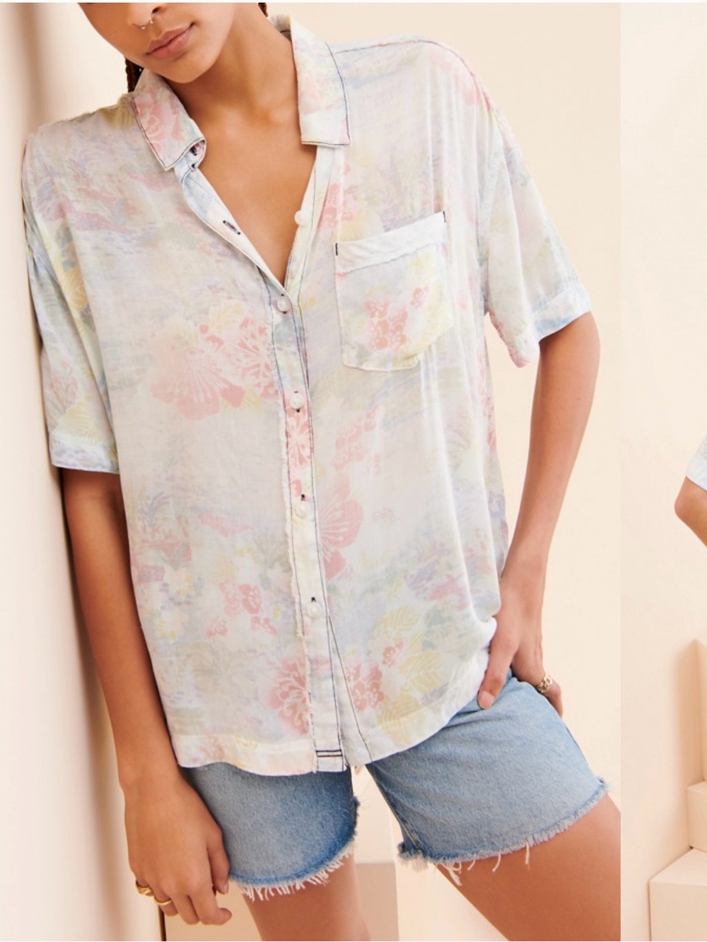 We The Free Pastel Floral Short-Sleeve Button-Down Shirt